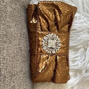 Gold Sequin Clutch with Rhinestone Brooch